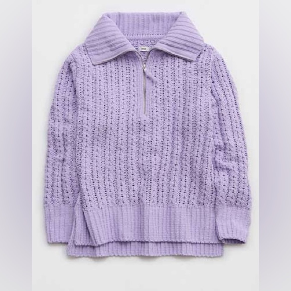 Aerie Cable Car 1/4 Zip Chenille Knit Oversized Sweater Lilac Purple Size Medium